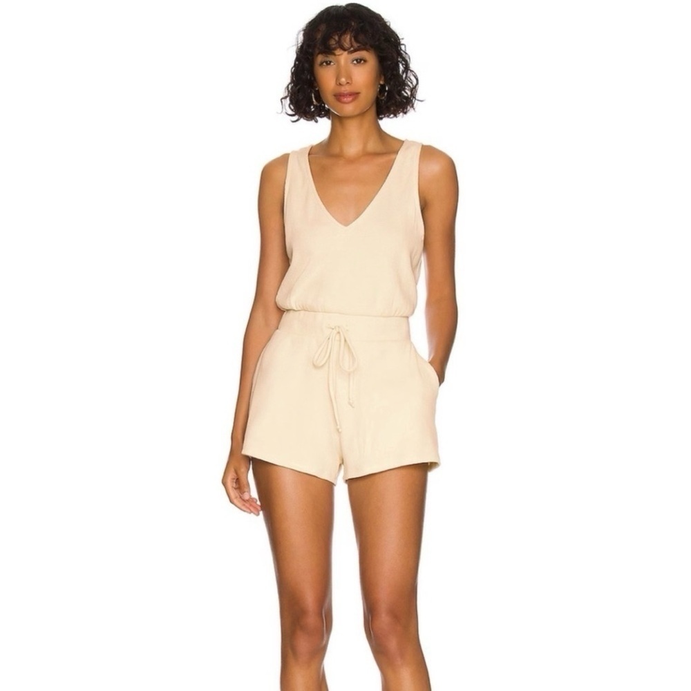Lovers + Friends Beige V-Neck Drawstring Romper